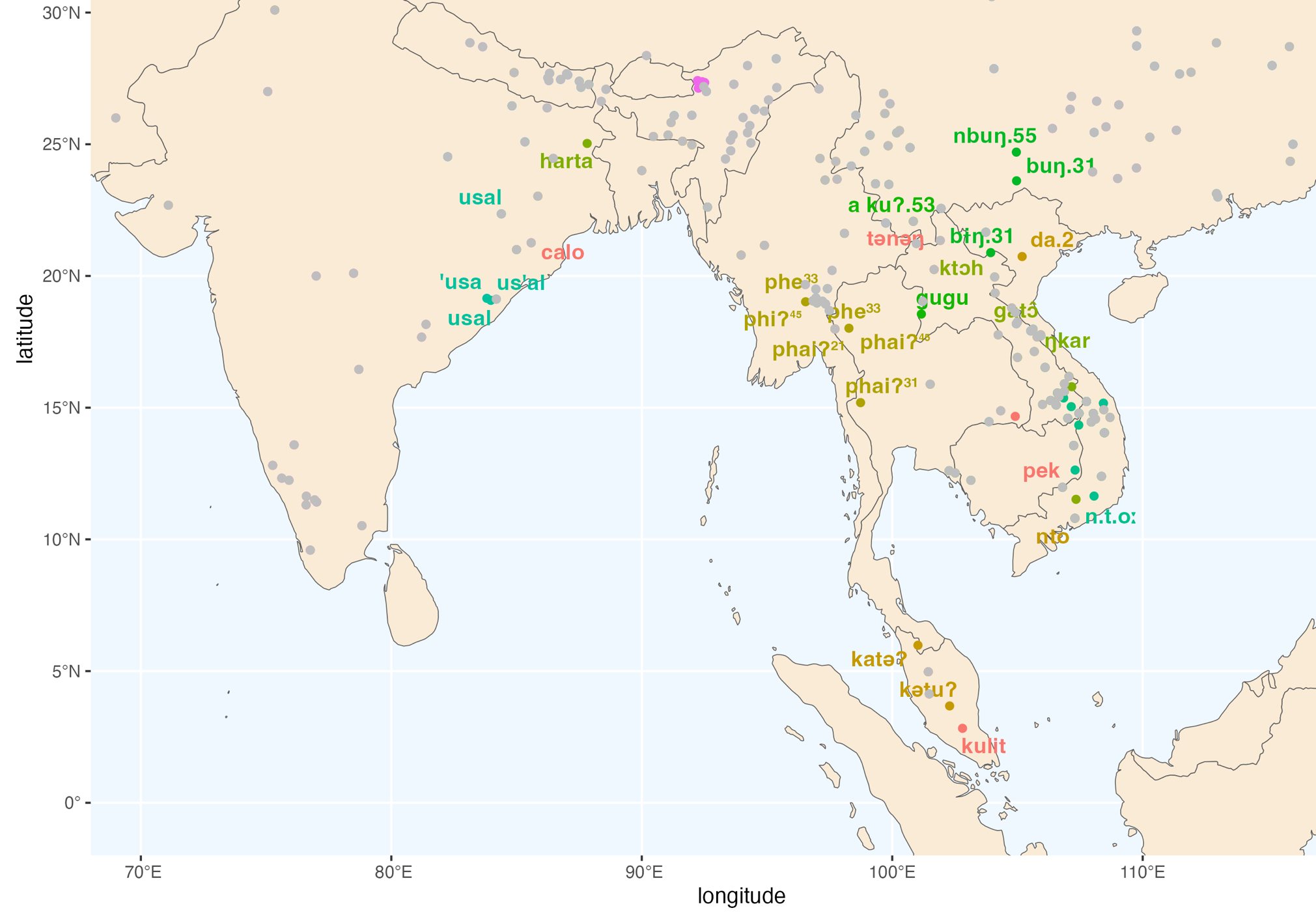 A cluster of words in South East Asia that all mean both SKIN (of an animal or human) and BARK (of a tree). Many of the words are historically unrelated, but they may reflect a shared regional conceptualisation of SKIN and BARK.
